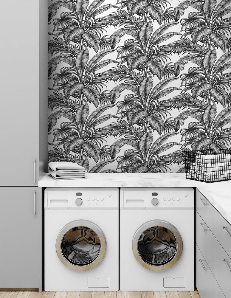 NW40400 palm jungle premium peel and stick removable wallpaper laundry room from NextWall