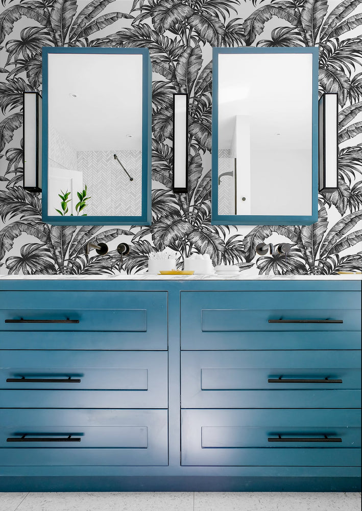 NW40400 palm jungle premium peel and stick removable wallpaper bathroom from NextWall