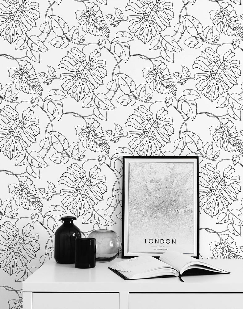 NW40508 tropical linework premium peel and stick wallpaper dresser from NextWall