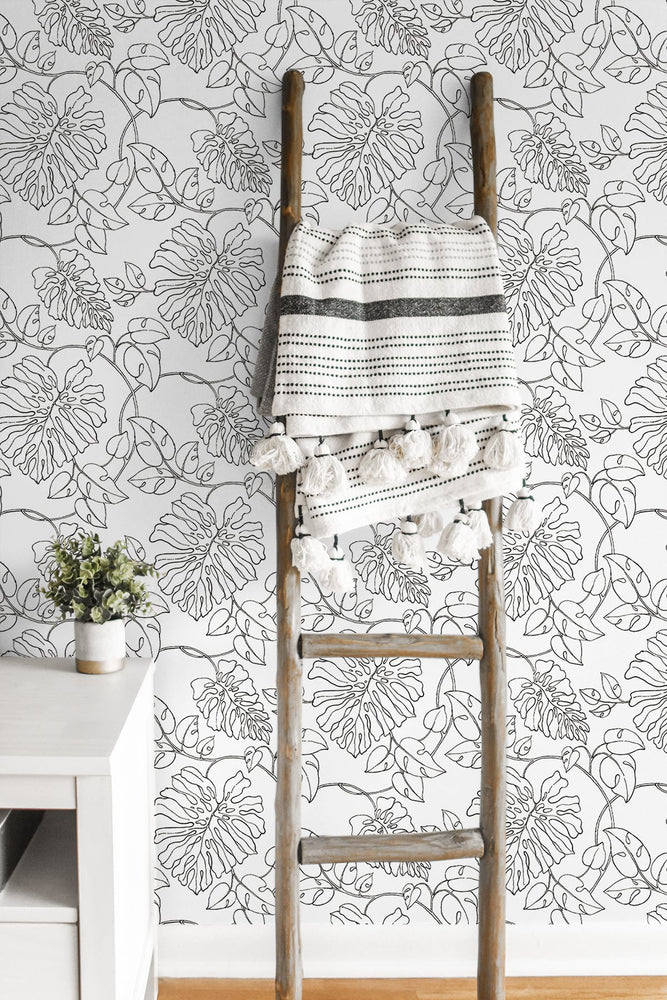 NW40508 tropical linework premium peel and stick wallpaper entryway from NextWall