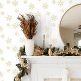 NW41005 metallic gold snowflakes Christmas peel and stick wallpaper mantel from NextWall