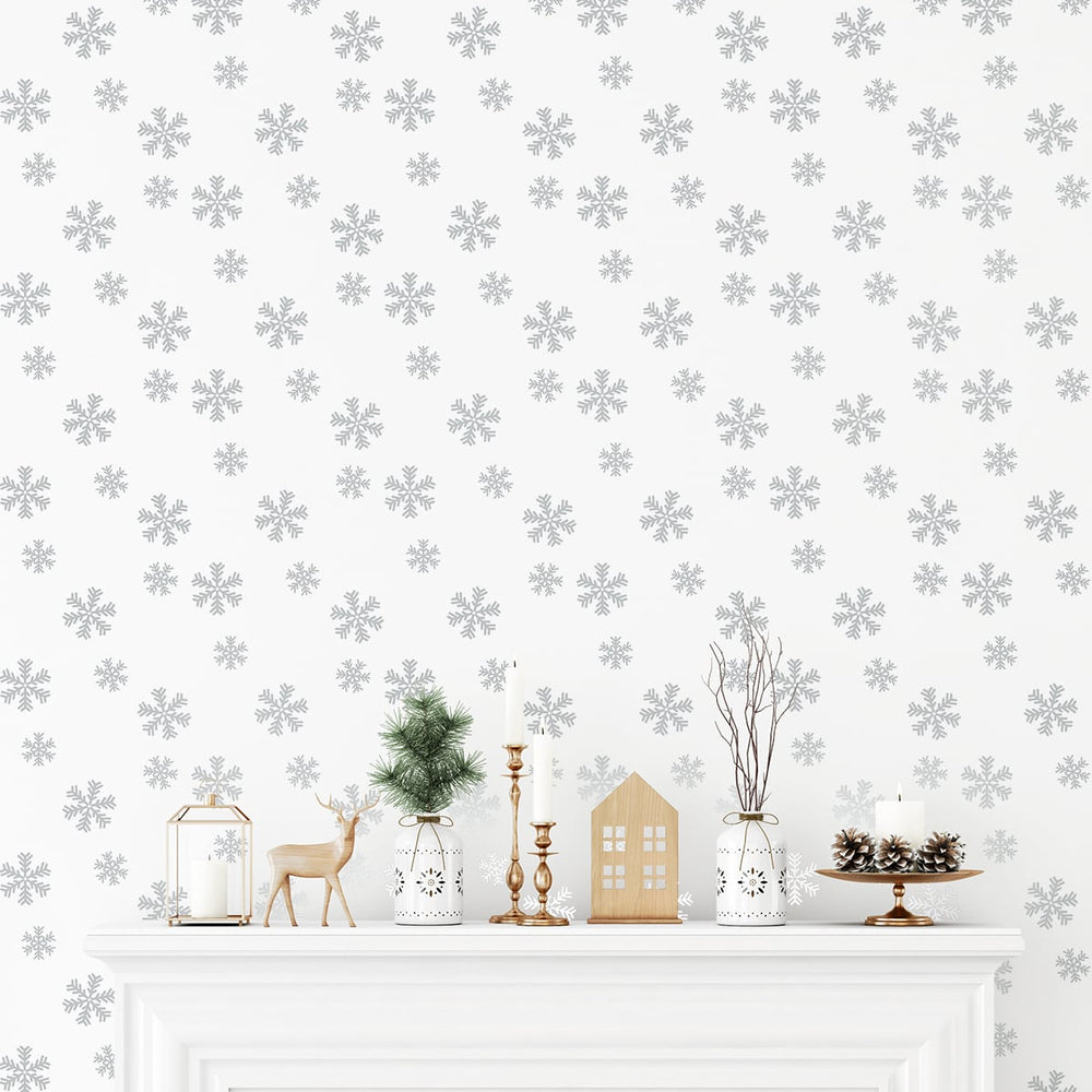 
                  
                    NW41008 metallic silver snowflakes Christmas peel and stick wallpaper mantel from NextWall
                  
                