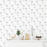 NW41008 metallic silver snowflakes Christmas peel and stick wallpaper mantel from NextWall