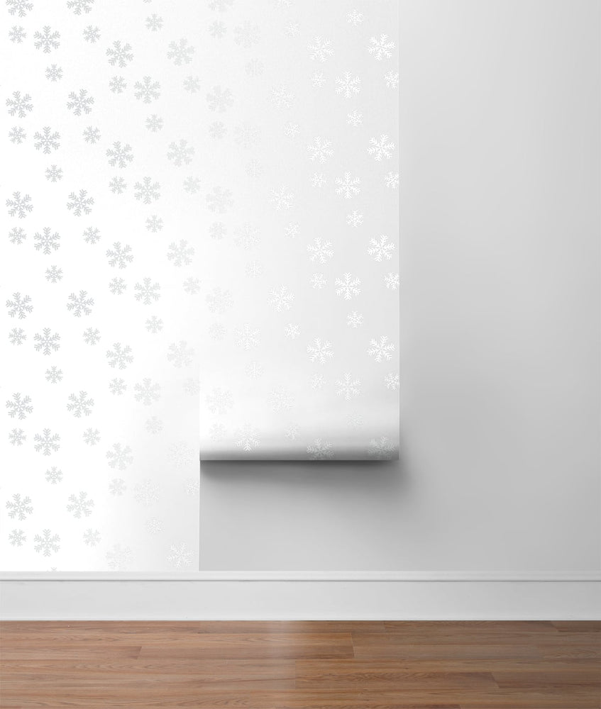 NW41008 metallic silver snowflakes Christmas peel and stick wallpaper roll from NextWall