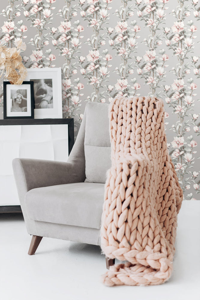 NW41401 magnolia floral peel and stick removable wallpaper living room from NextWall