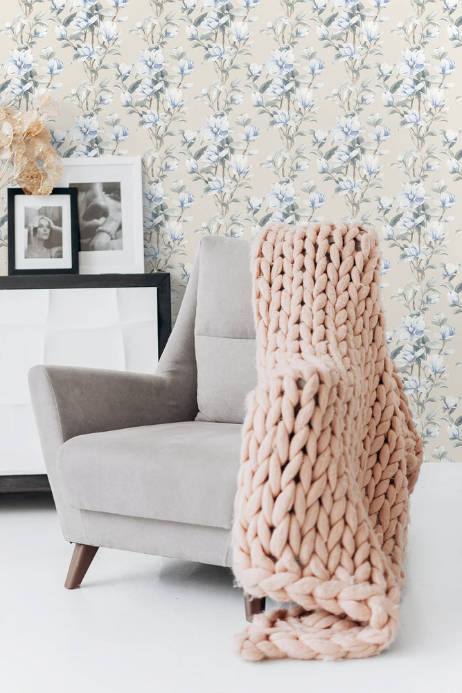 NW41412 magnolia floral peel and stick removable wallpaper living room from NextWall