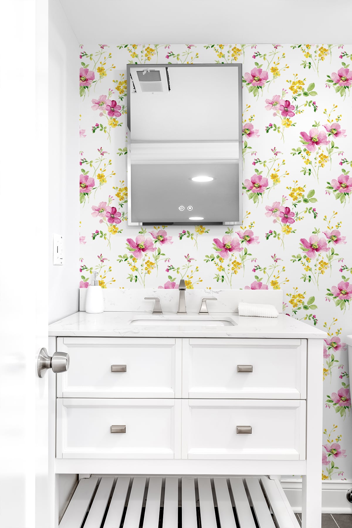 NW42201 watercolor floral peel and stick removable wallpaper bathroom from NextWall