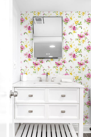 NW42201 watercolor floral peel and stick removable wallpaper bathroom from NextWall