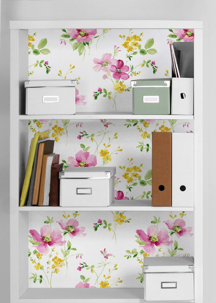 NW42201 watercolor floral peel and stick removable wallpaper bookcase from NextWall