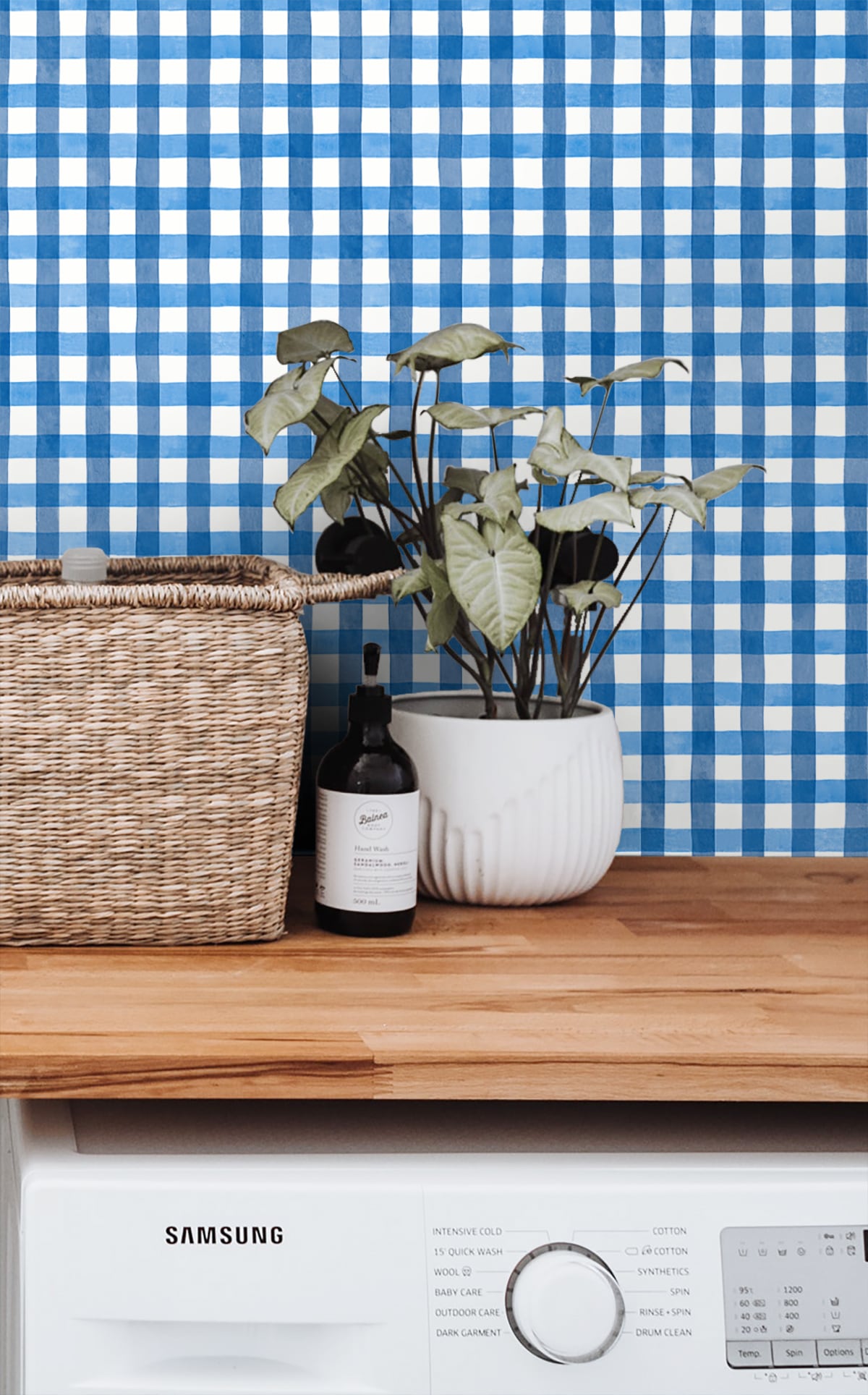 NW42302 watercolor plaid peel and stick wallpaper laundry room from NextWall