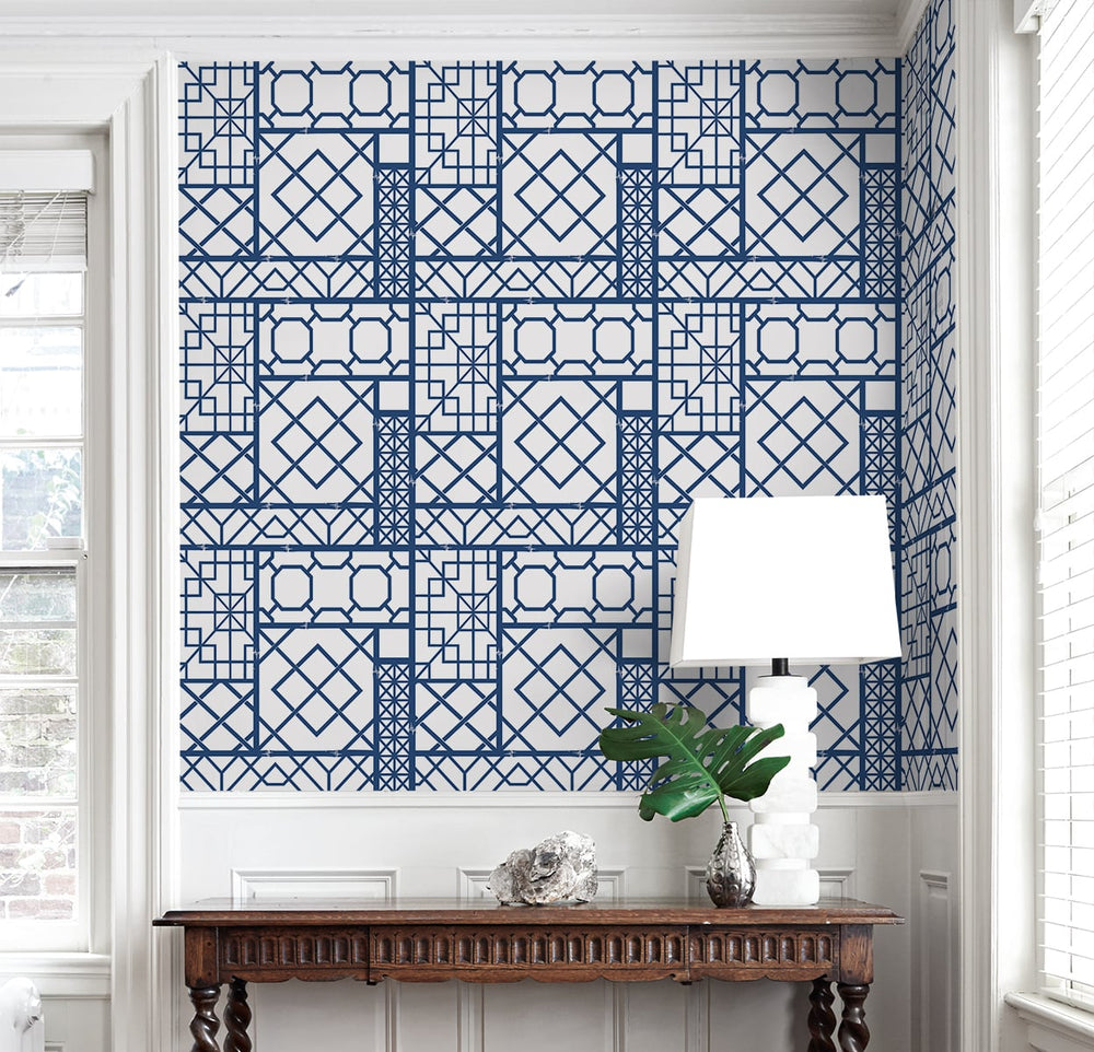 NW42602 garden trellis geometric peel and stick removable wallpaper entryway from NextWall