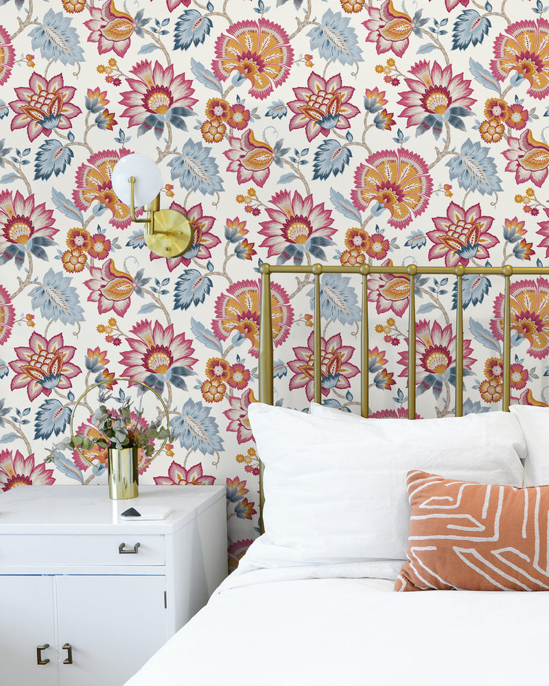 Jacobean floral peel and stick wallpaper bedroom NW42701 from NextWall