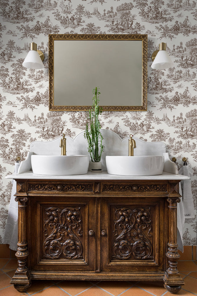 NW43307 Chateau toile peel and stick wallpaper bathroom from NextWall