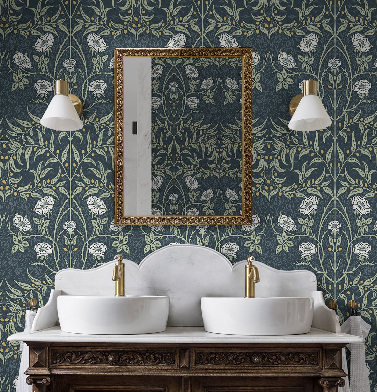 Vintage floral peel and stick NW43902 Stenciled Floral removable wallpaper bathroom from NextWall