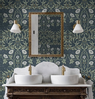 Vintage floral peel and stick NW43902 Stenciled Floral removable wallpaper bathroom from NextWall