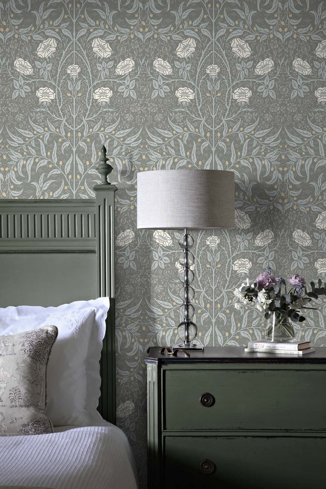 Vintage floral peel and stick NW43908 Stenciled Floral removable wallpaper bedroom from NextWall