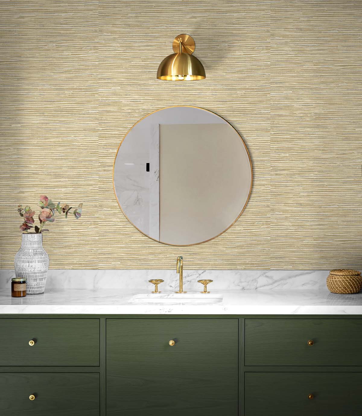 Faux grasscloth peel and stick wallpaper bathroom NW44706 from NextWall 