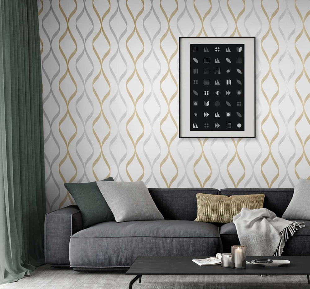 Ogee peel and stick wallpaper living room NW45105 from NextWall