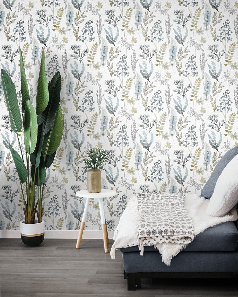 Botanical peel and stick wallpaper living room NW45404 from NextWall