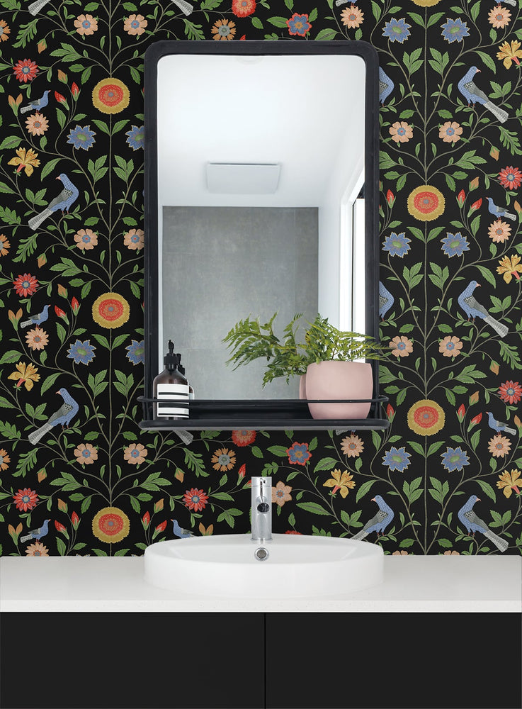 Bird floral peel and stick wallpaper bathroom NW45910 from NextWall