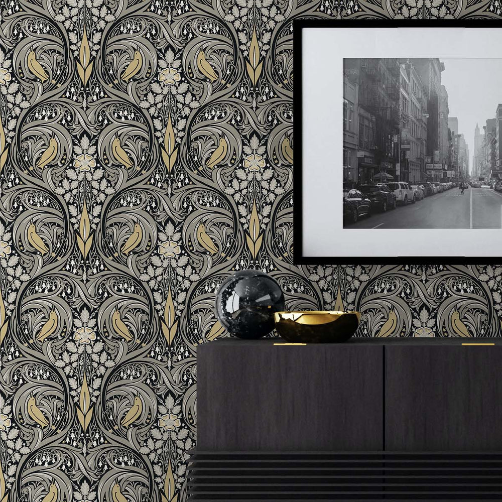 Bird ogee peel and stick wallpaper entryway NW46200 from NextWall