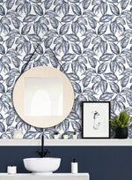 Sketched leaf peel and stick wallpaper bathroom NW46902 from NextWall