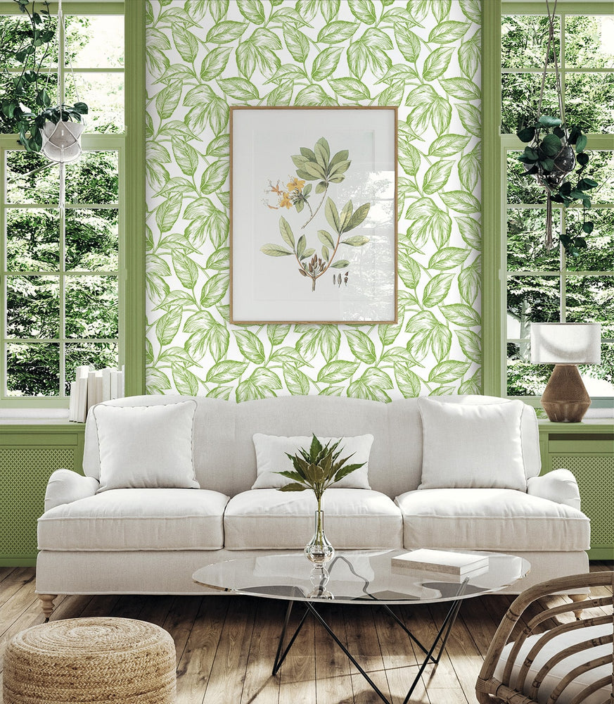 Sketched leaf peel and stick wallpaper living room NW46904 from NextWall