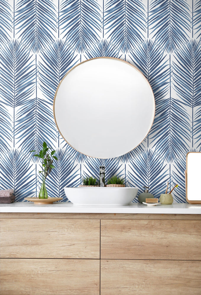 Palm leaf screen printed peel and stick wallpaper bathroom NW47402 from NextWall