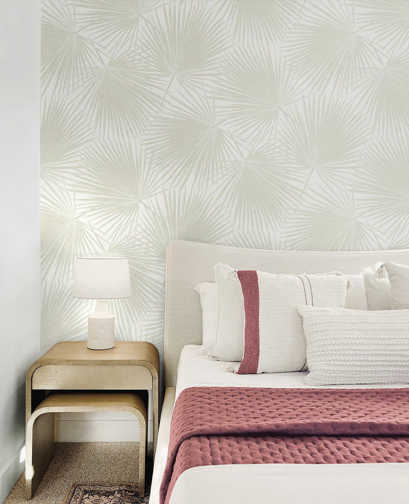 Palm leaf peel and stick wallpaper tropical bedroom NW47710 from NextWall