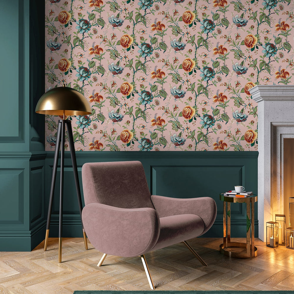 NW48601 jacobean floral peel and stick wallpaper living room from NextWall