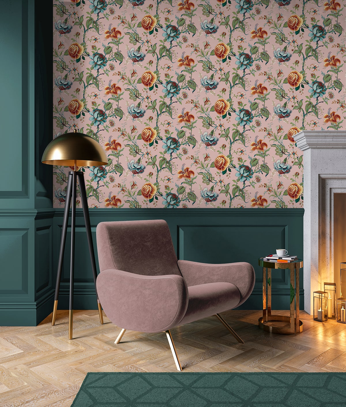 NW48601 jacobean floral peel and stick wallpaper living room from NextWall