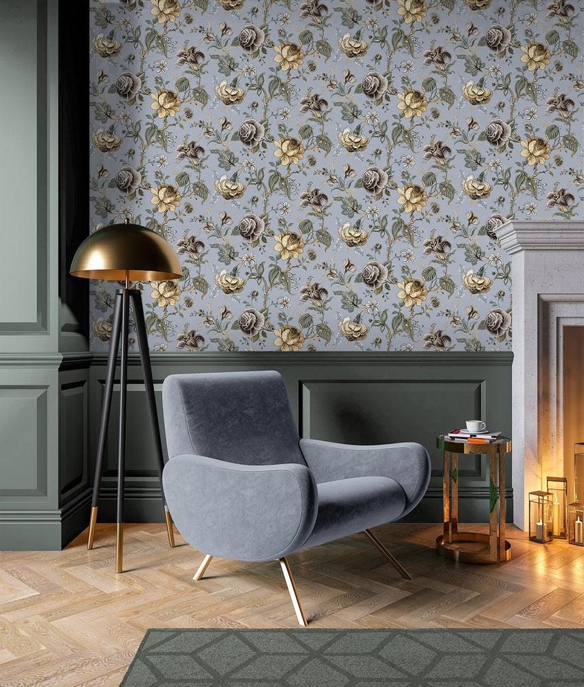 NW48609 jacobean floral peel and stick wallpaper living room from NextWall