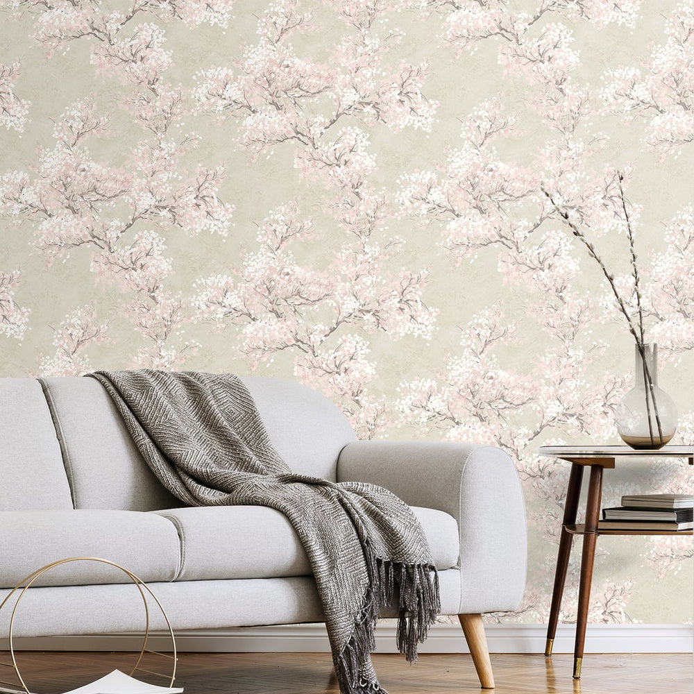 Cherry blossom floral impressionistic peel and stick wallpaper living room NW50101 from NextWall