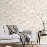 Cherry blossom floral impressionistic peel and stick wallpaper living room NW50101 from NextWall