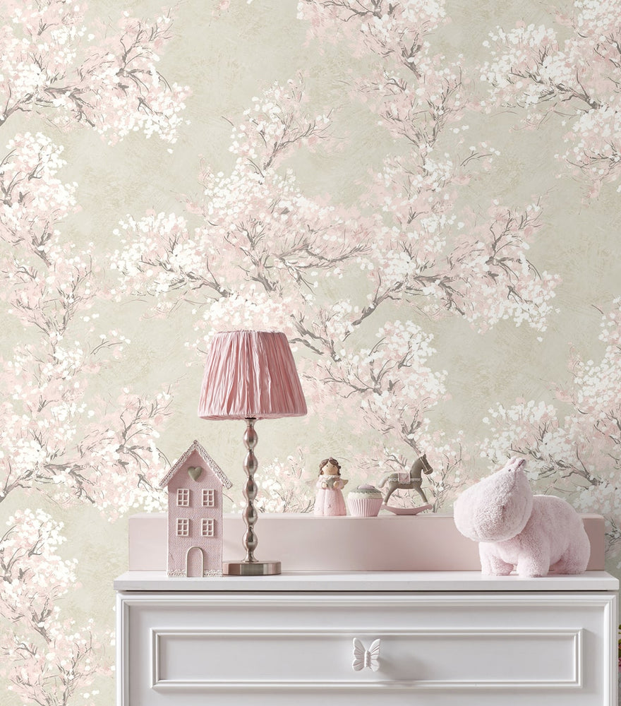 Cherry blossom floral impressionistic peel and stick wallpaper accent NW50101 from NextWall