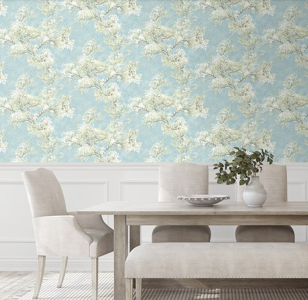 Cherry blossom floral impressionistic peel and stick wallpaper dining room NW50102 from NextWall