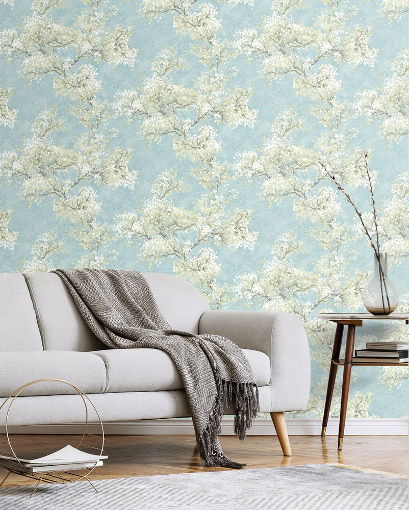 Cherry blossom floral impressionistic peel and stick wallpaper living room NW50102 from NextWall