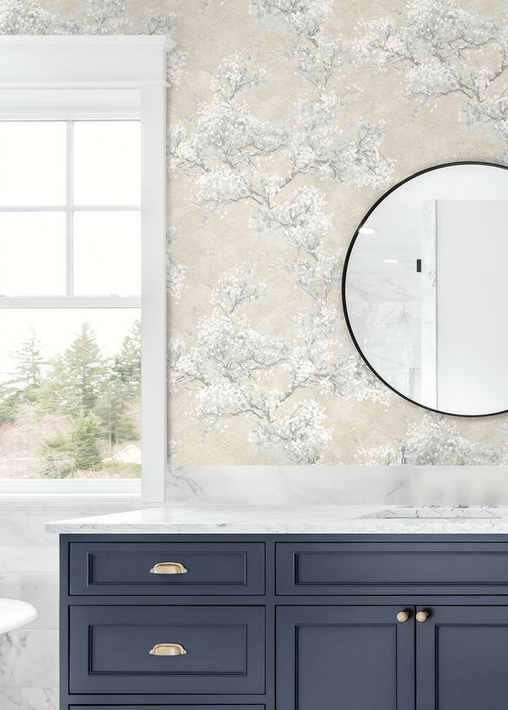 Cherry blossom floral impressionistic peel and stick wallpaper bathroom NW50105 from NextWall