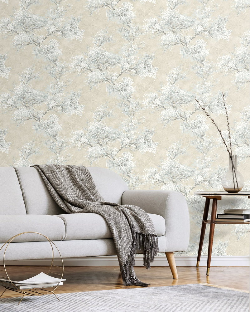 Cherry blossom floral impressionistic peel and stick wallpaper living room NW50105 from NextWall