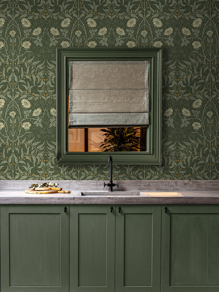 PR10204 stenciled floral vintage prepasted wallpaper kitchen from Seabrook Designs