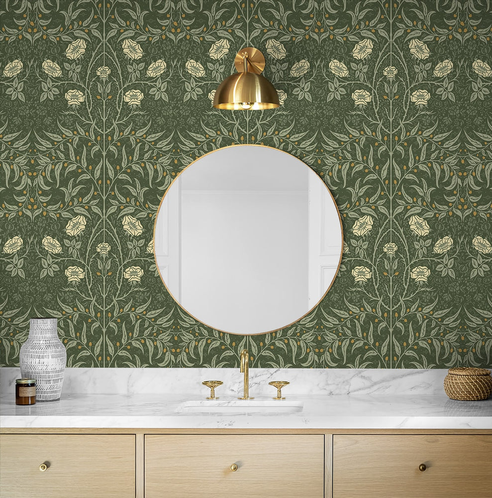PR10204 stenciled floral vintage prepasted wallpaper bathroom from Seabrook Designs