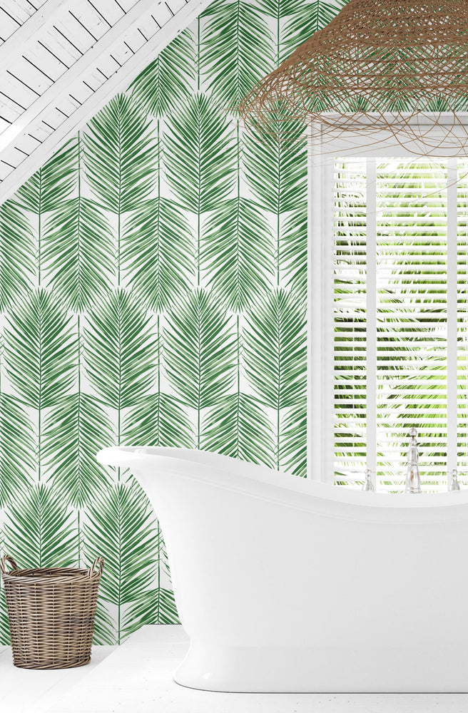 PR10704 palm leaf coastal prepasted wallpaper tub from Seabrook Designs