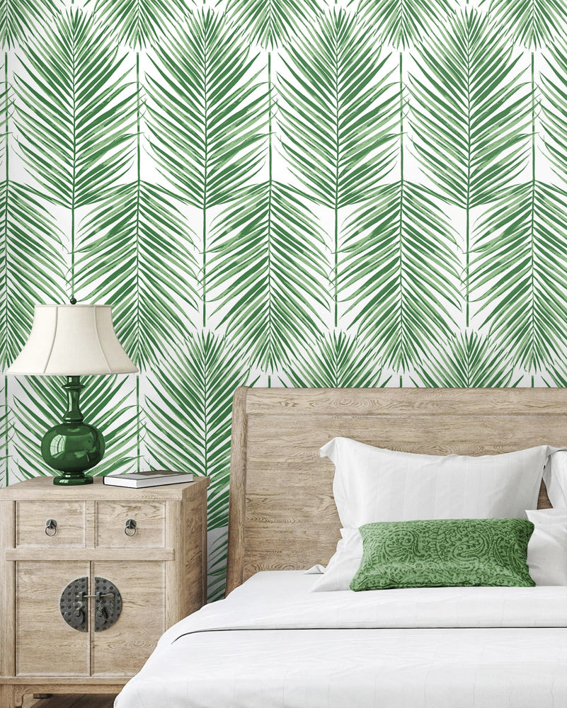 PR10704 palm leaf coastal prepasted wallpaper bedroom from Seabrook Designs