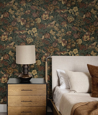 PR11708 vintage bird floral prepasted wallpaper bedroom from Seabrook Designs 