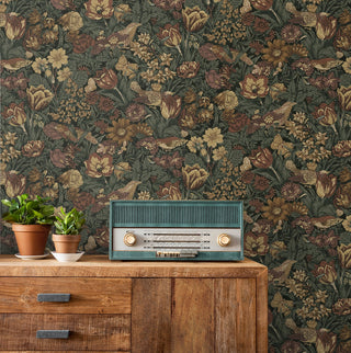 PR11708 vintage bird floral prepasted wallpaper entryway from Seabrook Designs 