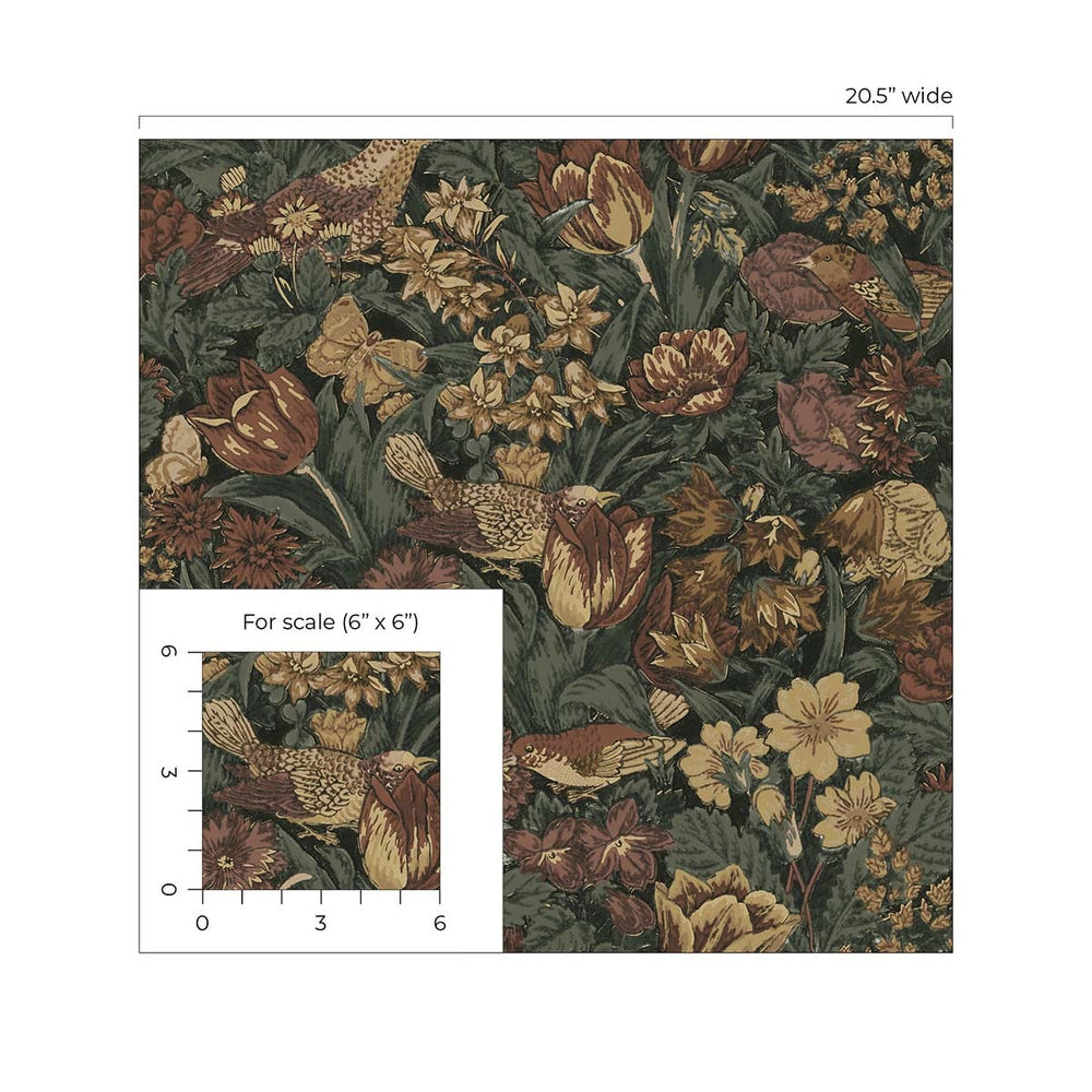PR11708 vintage bird floral prepasted wallpaper scale from Seabrook Designs 