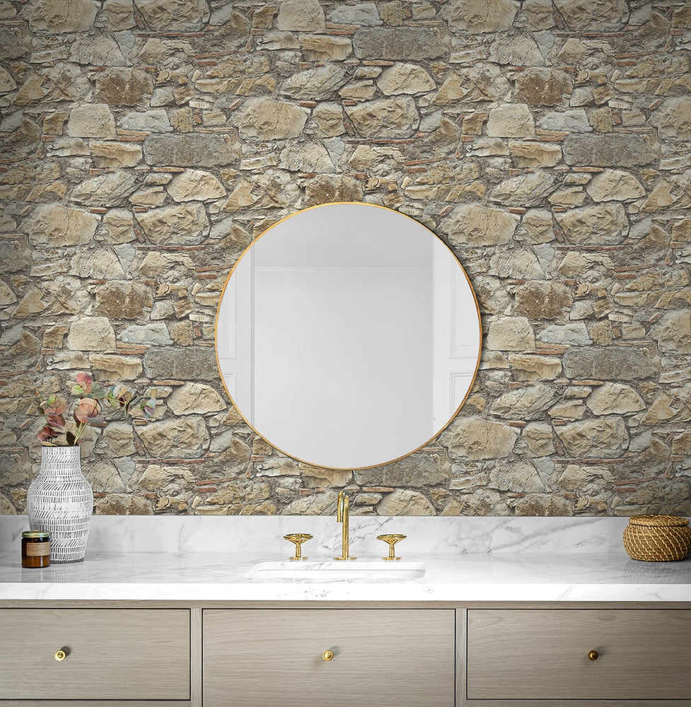 PR12006 faux stone prepasted wallpaper bathroom from Seabrook Designs