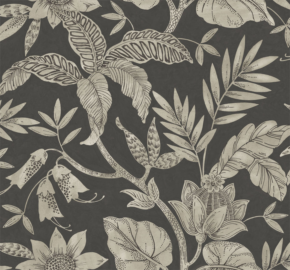 RY30200 black rainforest leaves botanical wallpaper from the Boho Rhapsody collection by Seabrook designs