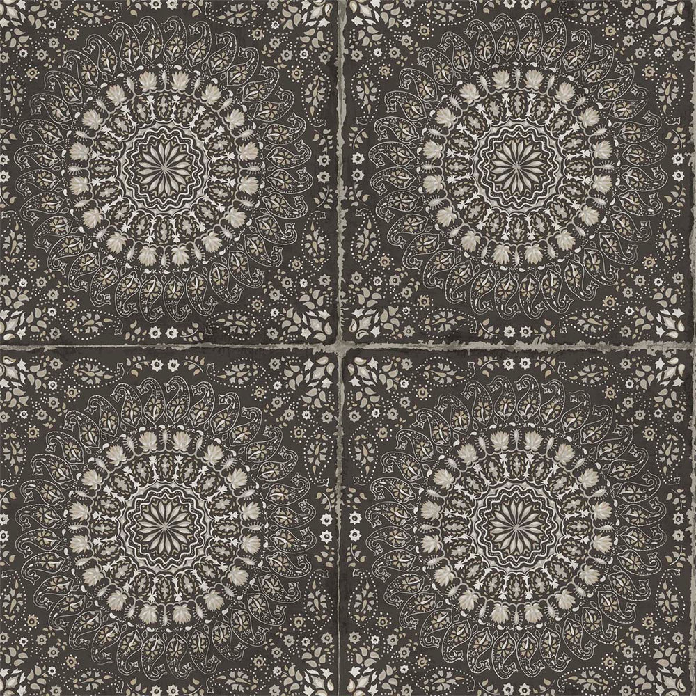 RY30700 black mandala tile rustic wallpaper from the Boho Rhapsody collection by Seabrook Designs