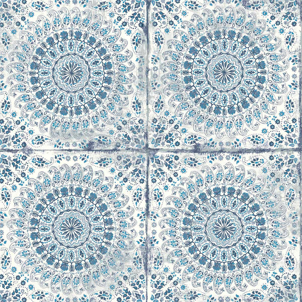 RY30702 blue mandala tile rustic wallpaper from the Boho Rhapsody collection by Seabrook Designs